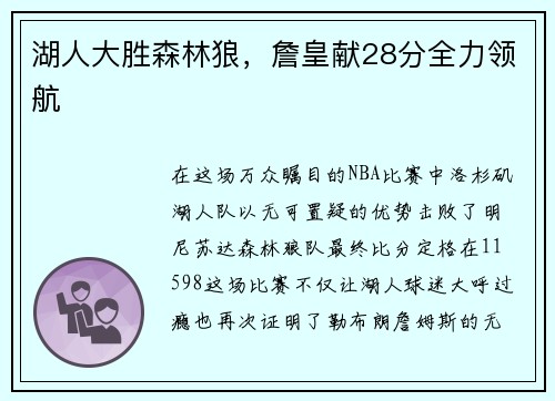 湖人大胜森林狼，詹皇献28分全力领航