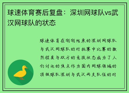 球速体育赛后复盘:深圳网球队vs武汉网球队的状态